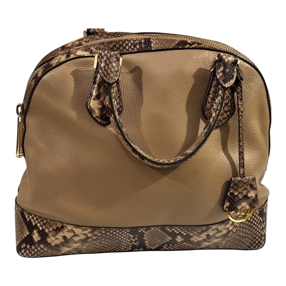 Michael Kors Tan Pebbled Leather Snakeskin Embossed Dome Satchel Handbag
